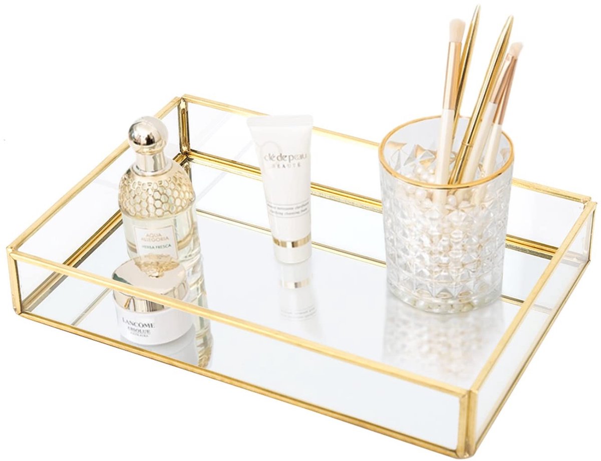 Allecto - Glazen Opbergdoos - Sieraden Organizer - Ruimtebesparend - Groot Formaat - Cosmetica Opbergbox - Voor Sieraden en Make-up - Gouden Kleu