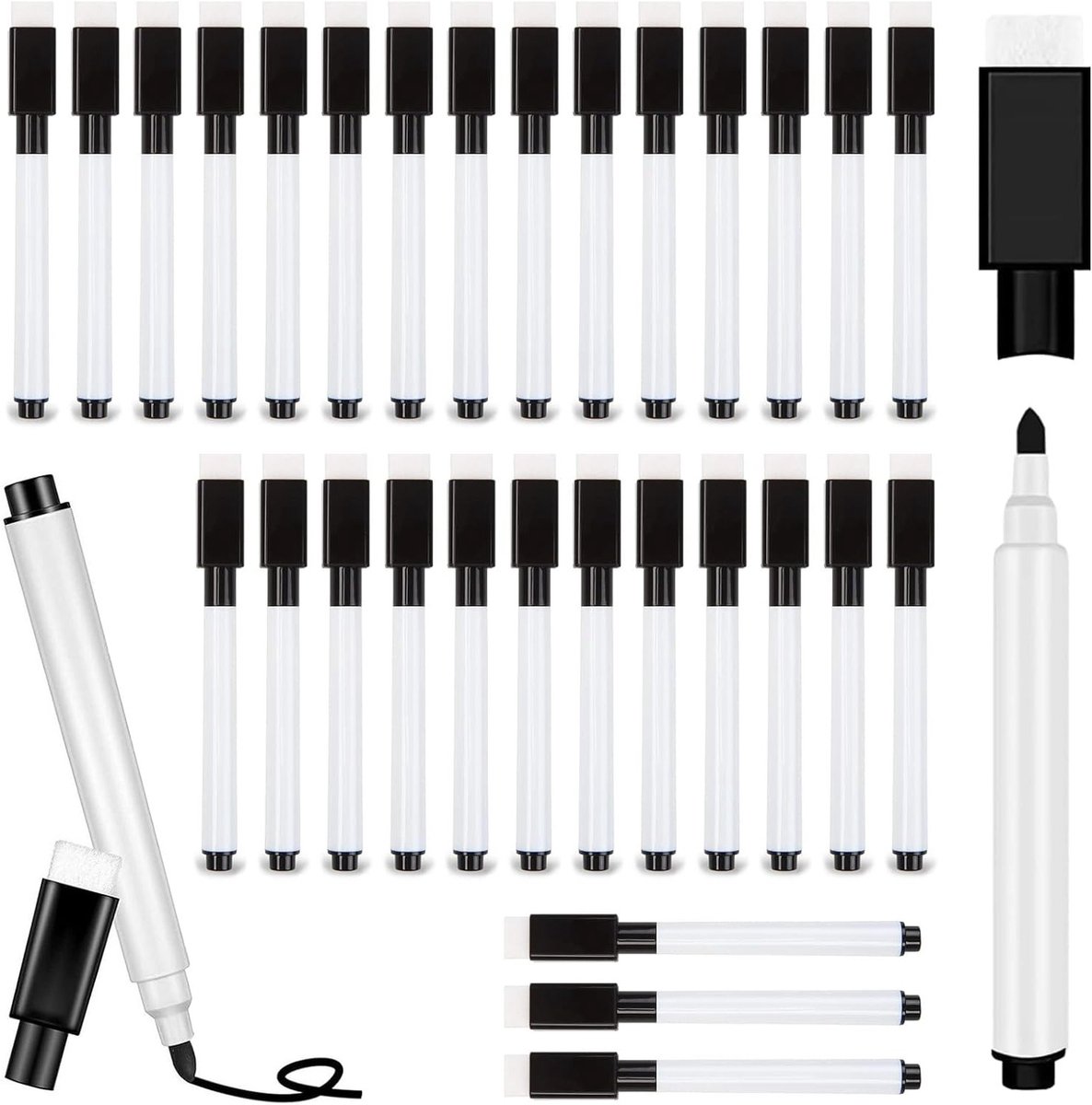 Set van 30 Uitwisbare Markers met Magnetische Extractie, Mini Whiteboard Pennen met Wisser Tips voor Thuis, School en Kantoor