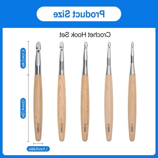 Set van 5 Ergonomische Haaknaalden van 7mm tot 12mm voor Comfortabel Haken, Ideaal voor Beginners en Gevorderden, Inclusief Aluminium en Houten Opties — afbeelding 5