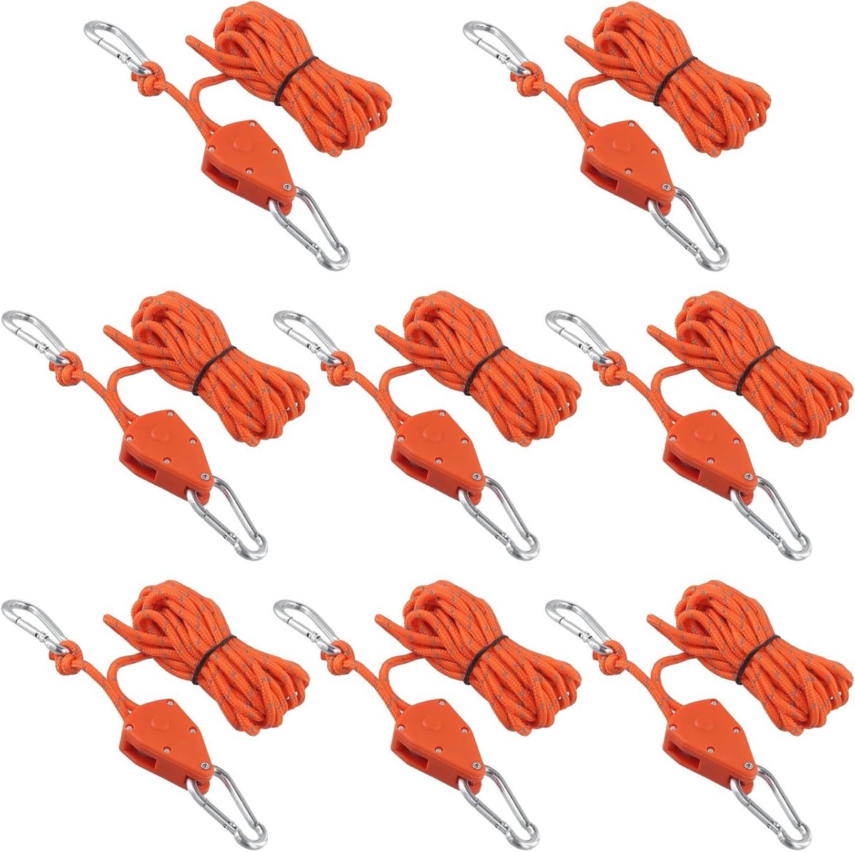 8-delige Verstelbare Touwset voor Kamperen, 4mm Touw met Haken, 4m Tentkoord met Spanner voor Tent, Luifel en Buitenactiviteiten (Oranje)