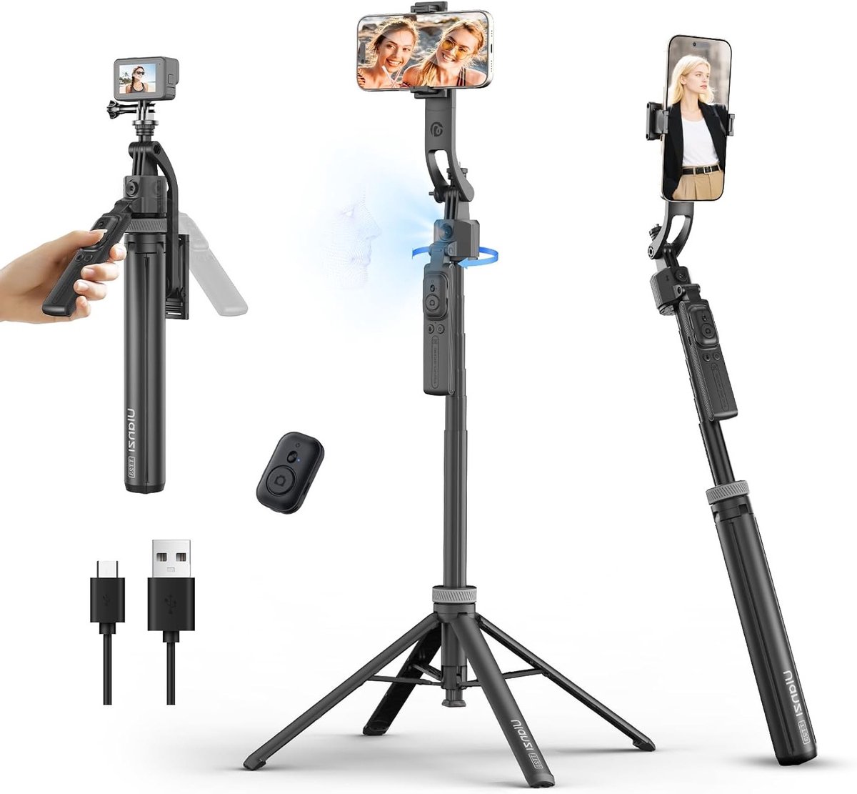 Verstelbare 165cm Smartphone Tripod met Gezichtsherkenning en Afstandsbediening voor Video-opnames en Selfies, Geschikt voor iPhone en Android