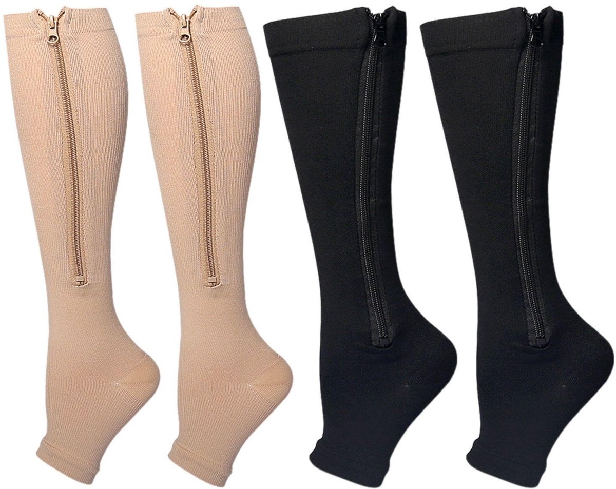 Allecto - Open sokken met ritssluiting - Vingerloze steunsokken - Ademend en comfortabel - Beige of zwart - Outdoorsportsokken - Uniseks knies..