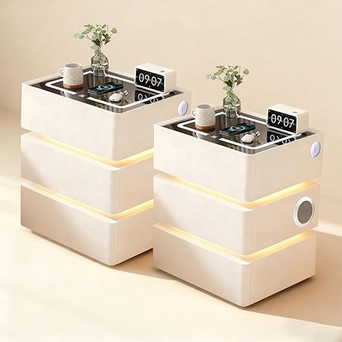 Led Nachtkastje Set van 2 – 40x40x60 cm – met 3 Laden, Draadloos Opladen, Bluetooth Speaker, USB & Type-C Poorten, Dimbare LED Verlichting, Bewegingssensor, Moderne Bijzettafel voor Slaapkamer en Woonkamer – Wit – Mobili Bella