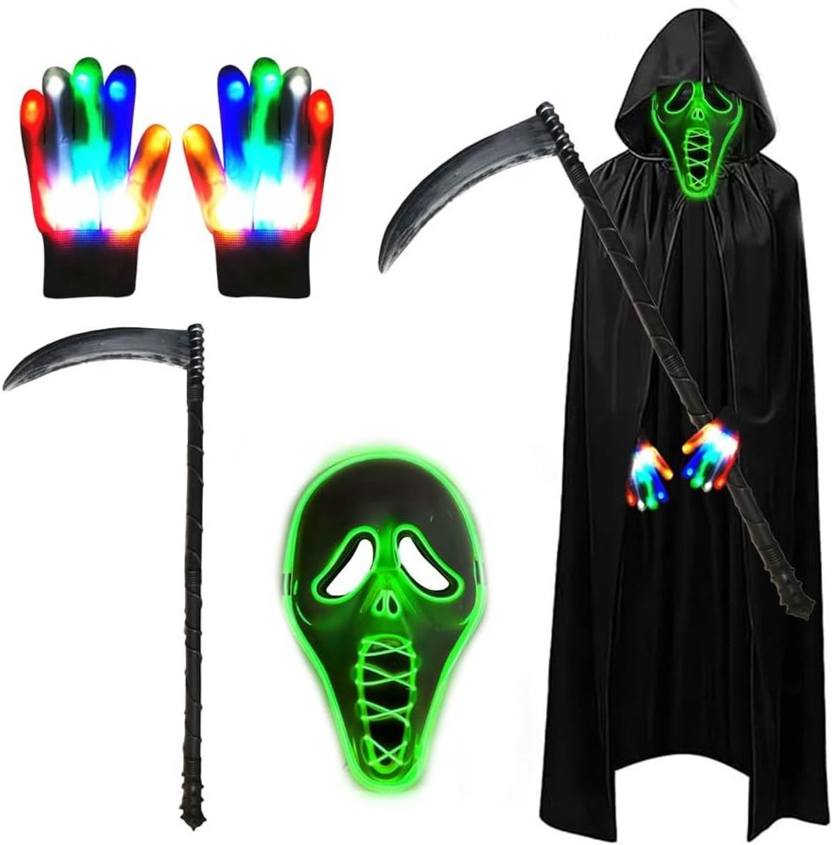 Halloween Kostuum voor Jongens met Luminous Masker, Sensemann Cape, Zeis en Glow Handschoenen voor Feest, Carnaval en Cosplay