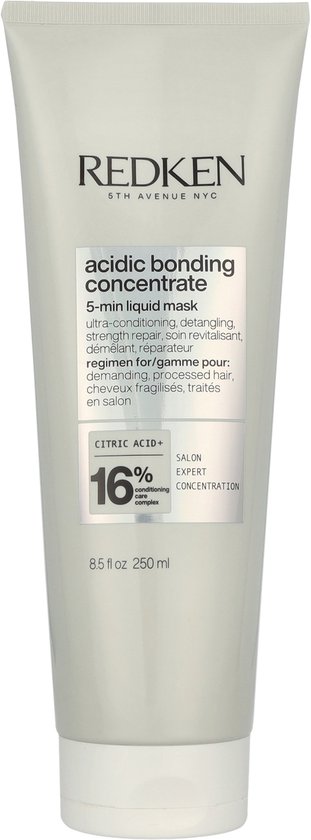 Redken Acidic Bonding Concentrate masque liquide 5 min avec 16% de complexe d'acide citrique.
