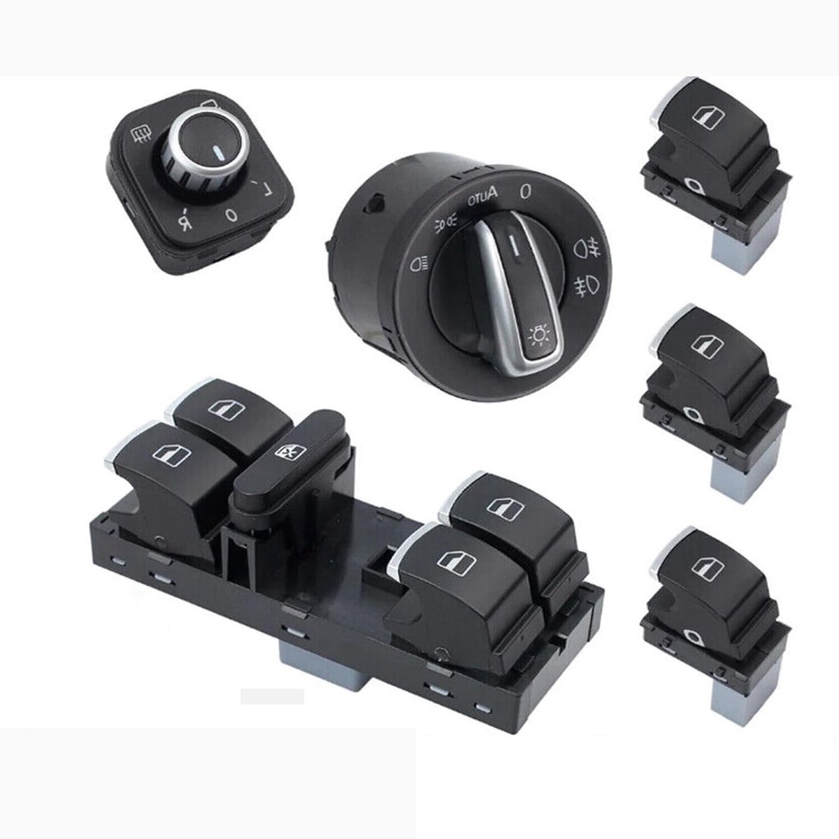 Set van 6 Raam- en Koplampbedieningsschakelaars voor VW Golf 5, Golf 6 en Passat 3C - Hoogwaardige Chrome Afwerking, Inclusief Spiegelschakelaar