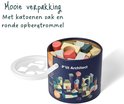 Ronde opbergtrommel en katoenen zak met houten bouwblokken. "P'tit Architect" speelgoed.