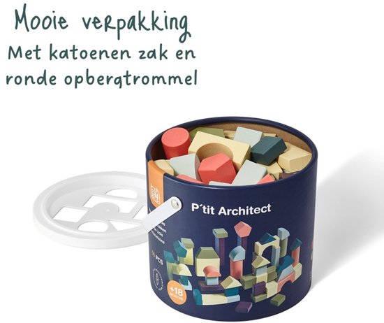 Ronde opbergtrommel en katoenen zak met houten bouwblokken. "P'tit Architect" speelgoed.