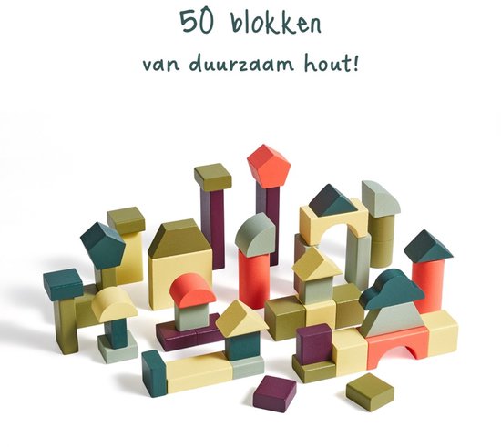 Houten bouwblokken met zak, 50 stuks. Verschillende vormen en pastelkleuren zoals groen, geel, roze en paars.