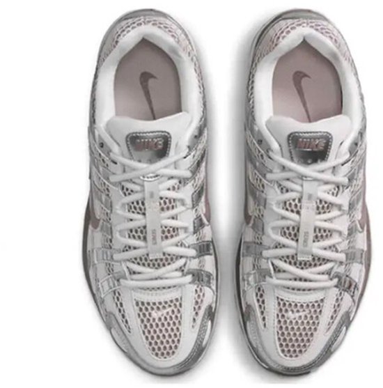 Boven aan zilverkleurige Nike P-6000 sneakers met mesh overlays en paarse details.