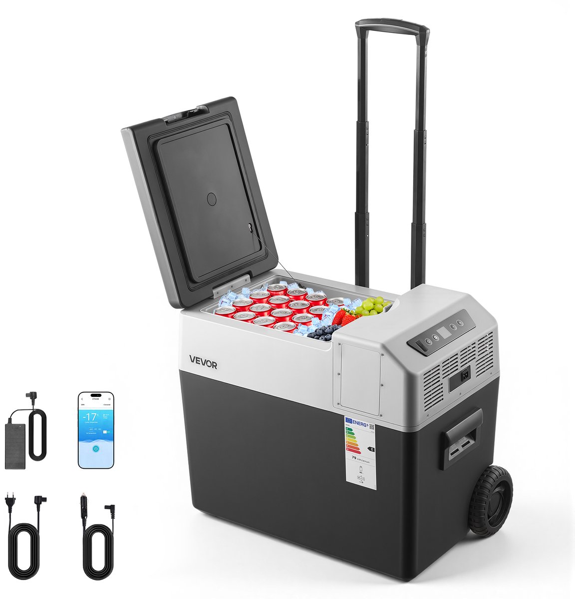 VEVOR Compressor Koelbox 40L, Autokoelkast met Handvat, App-bediening & Wielen, 12V/24V DC, 100–240V AC, -22°C tot 10°C, Elektrische Vriesbox voor Vrachtwagens, Bestelwagens, Campers, SUV's & Kamperen