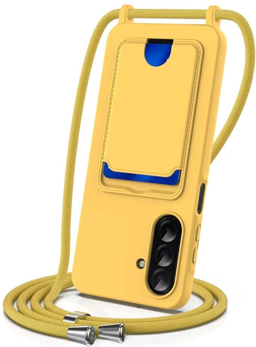 Hoesje met Koord en Pasjeshouder Geschikt voor Samsung Galaxy S25 FE | Back Cover met Crossbody Koord en Kaarthouder | Ideaal voor Festival/Vakantie | Siliconen | Geel