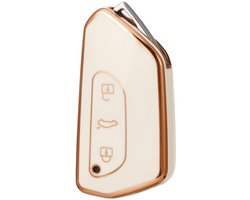 Zachte TPU Sleutelcover - Sleutelhoesje Geschikt voor Volkswagen Golf 8 / ID3 / ID4 / ID5 / ID6 / Seat Leon 2020 / Skoda Octavia 2021 - Wit - Randen Goud - Sleutel Hoesje Cover - Auto Accessoires