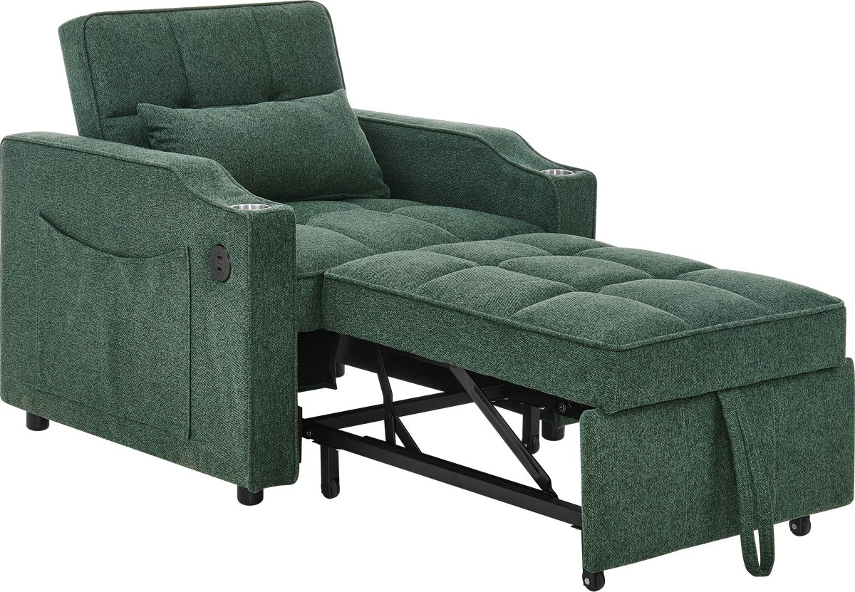Merax 3-in-1 Slaapfauteuil - Groene Slaapstoel 190 cm - Verstelbare Relaxfauteuil met USB-C - Bekerhouder - Zijvakken - Voor Kleine Ruimtes en Gasten