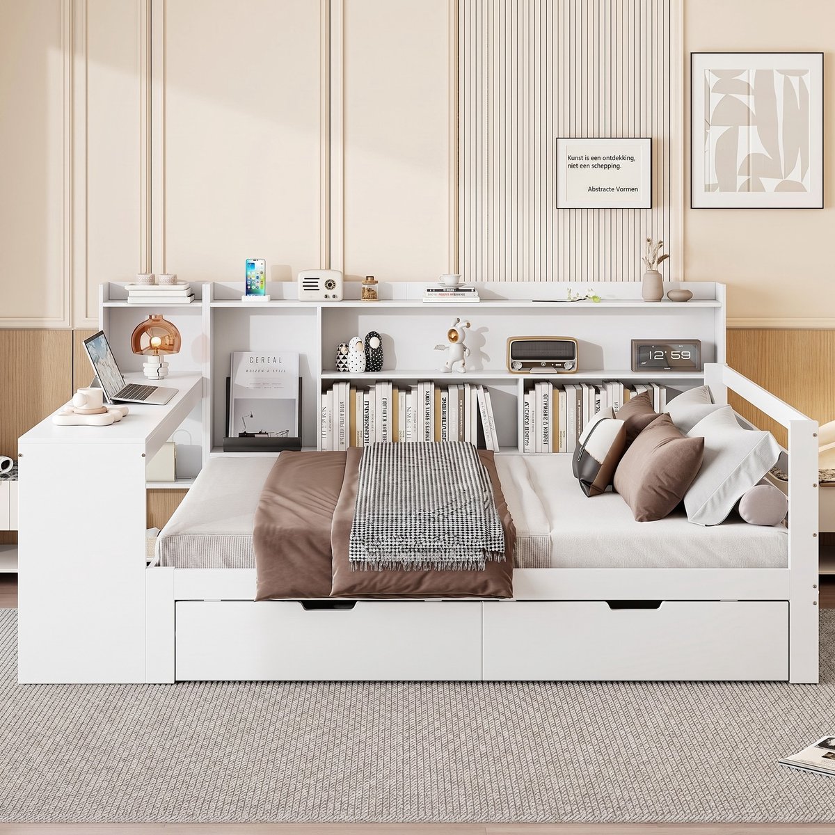 VVBV Slaapbank 2 persoons / Bedbank 140x200 – met Opbergruimte, Lades, USB, Stopcontact – Massief Hout – Wit – met Bureau, Opbergvakken en Stopcontact White
