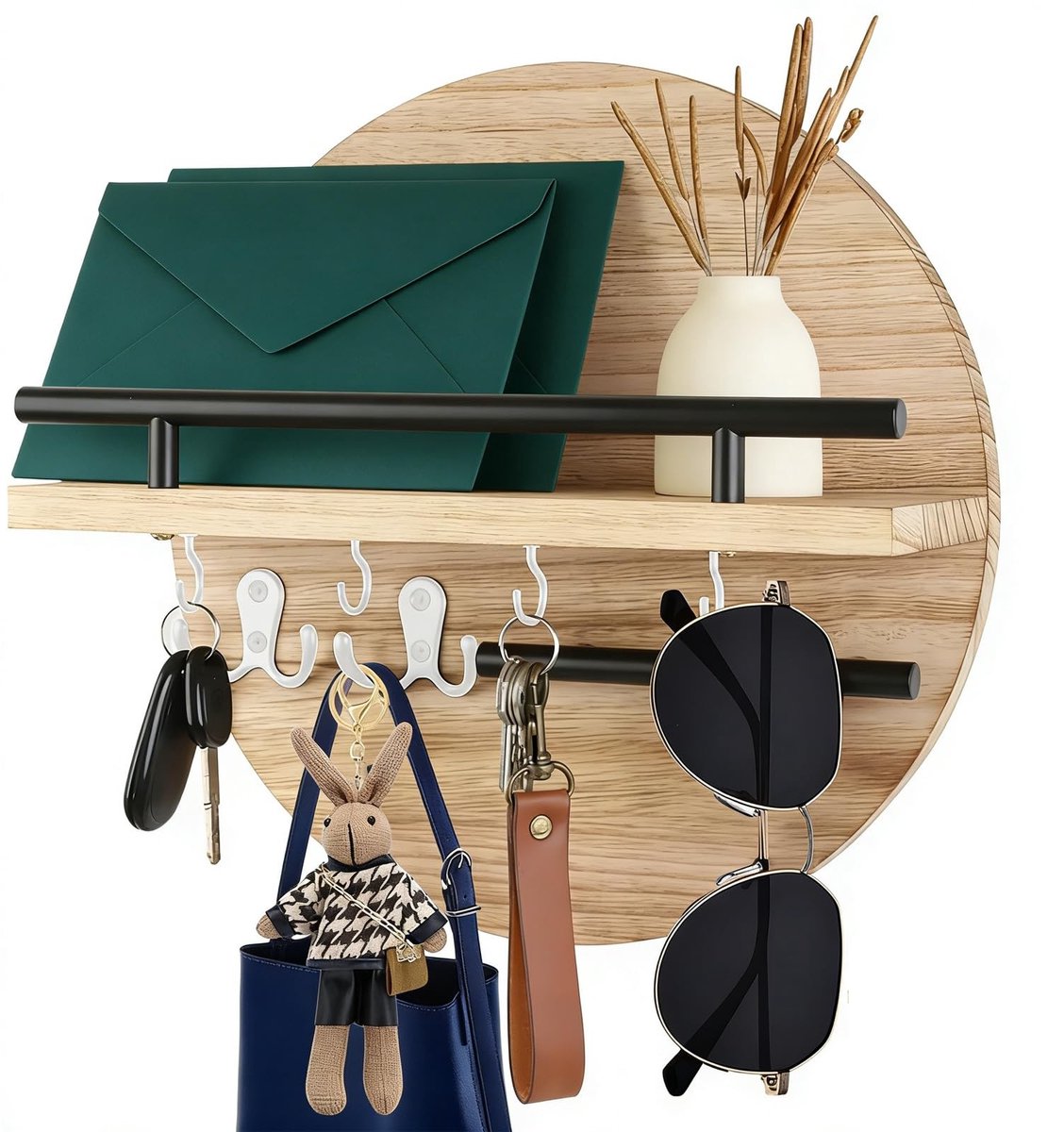 Dailygoods- Sleutelrek met plank - Vintage Sleutelrek van Hout - Sleutelkast met 6 Sleutelhaken - Wandorganizer - Duurzaam en Veilig - Lichtbruin