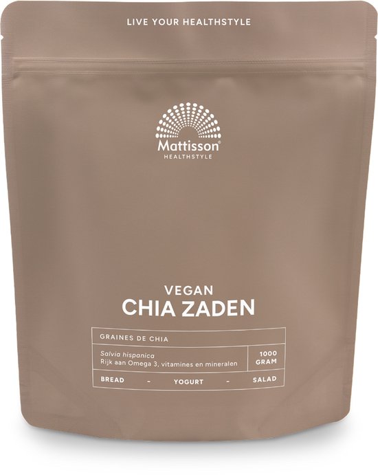 Donkerbruine verpakking met Mattisson HEALTHSTYLE logo. Vegan Chia Zaden 1000g.