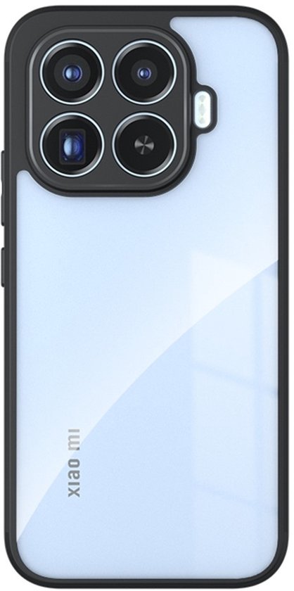 Coque de téléphone transparente avec bordure noire et découpes pour quatre caméras. Logo "xiao mi" au dos.