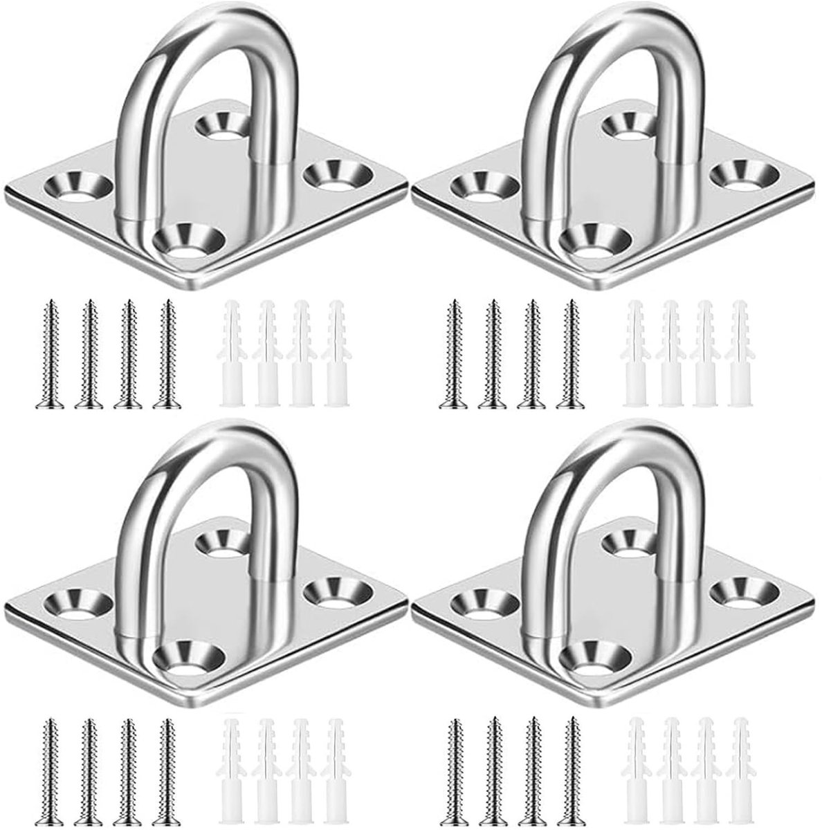Dailygoods- Pad Eye Plate - Heavy Duty - 4 Stuks - 304 Roestvrij Staal - Beugel voor Hangmat - Muur/Plafond Bevestiging - Inclusief Schroeven en Ankers - Haak