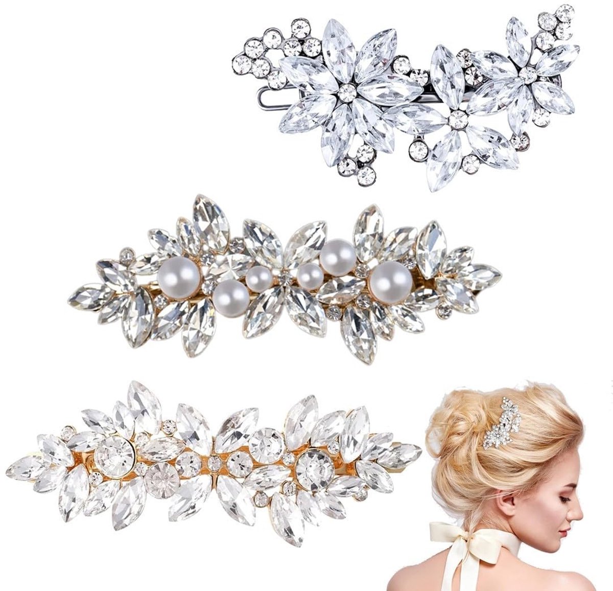 Dailygoods- Haarspeldjes 3 Stuks - Bruiloftshaarclips - Strass - Kristalparels - Haaraccessoires Bruid - Veilig Materiaal