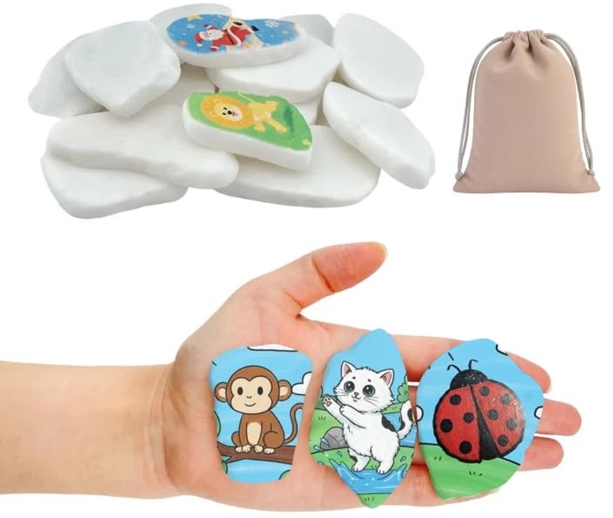 Dailygoods- Stenen Beschilderen 14 Stuks - Witte Kiezelstenen - Opbergtas - Natuurlijk Materiaal - Perfect Schilderoppervlak - Veilig voor Kinderen - Knutselstenen