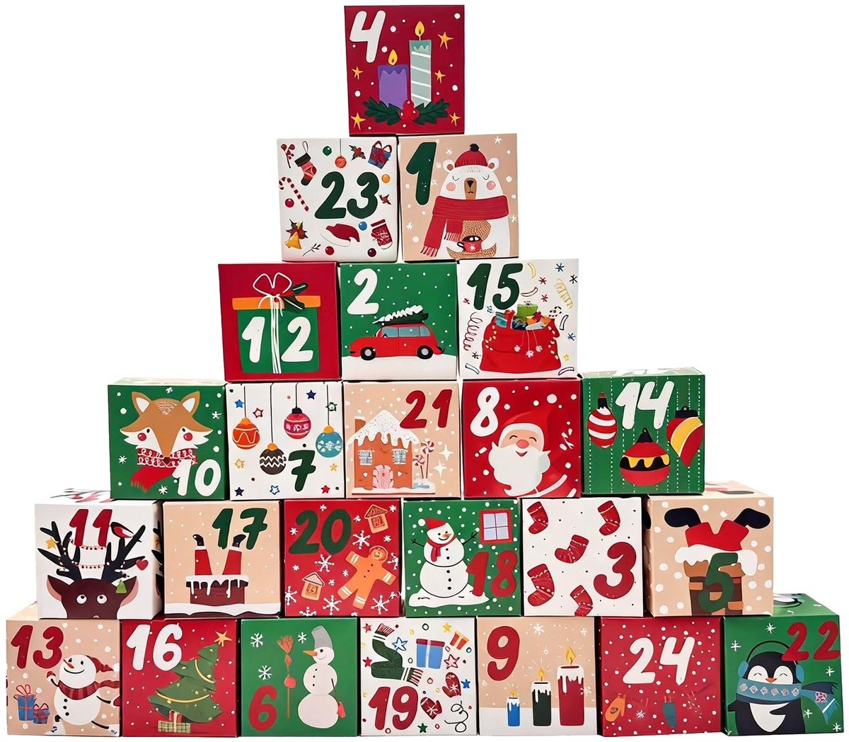 Dailygoods- Adventskalender om te vullen - 24 Doosjes - Feestelijke Kerstmotieven - Rood/Groen - 7x7x7 cm - Perfect voor Geschenken - Kalender