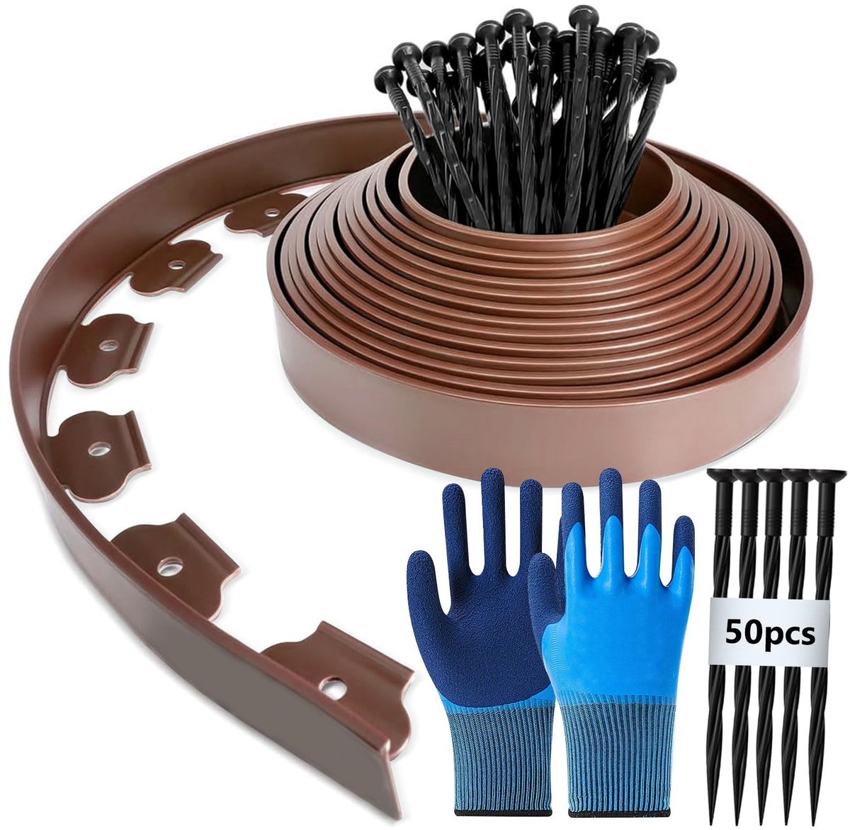 Dailygoods- Gazonrand Flexibel - Kunststof 10 m x 5 cm - Borderrand - 50 Grondankers - Tuinhandschoenen - Ideaal voor Bloembedden - Tuinrand