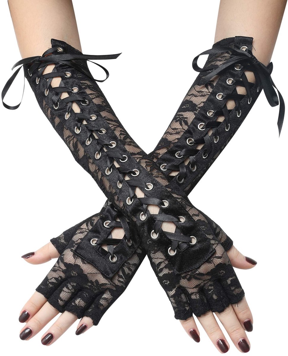 BRENZOOS- Handschoenen Dames Vingerloos - Lange Veterhandschoenen - Accessoires Feest - Formele Kleding - Aanpasbaar - Hoogwaardige Stof - Vingerloze Handschoenen