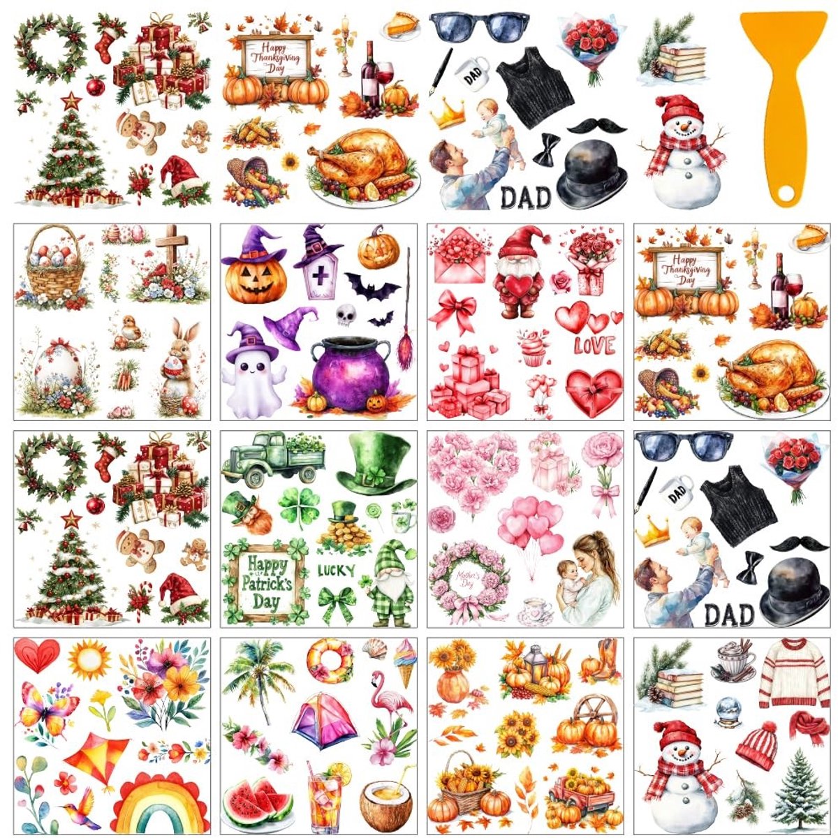 BRENZOOS- Transferstickers 12 Vellen - Feestdagen Stickers - Kerstmis/Halloween - Raamdecoratie - 5,5 x 5,5 cm - Inclusief Schraper