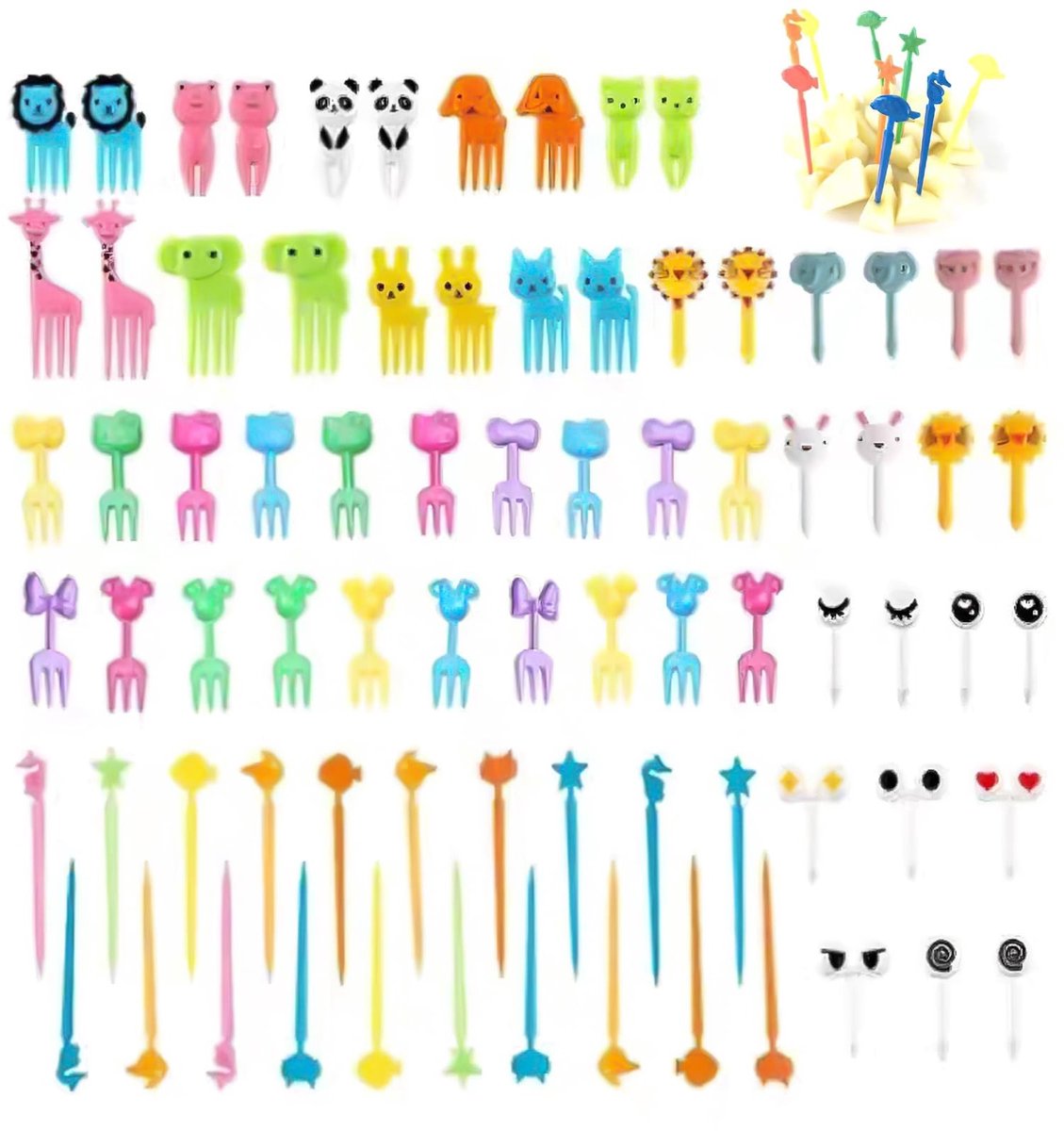 BRENZOOS - 90 Stuks Diverse Cartoon Ogen Fruit Vork Kids Food Picks