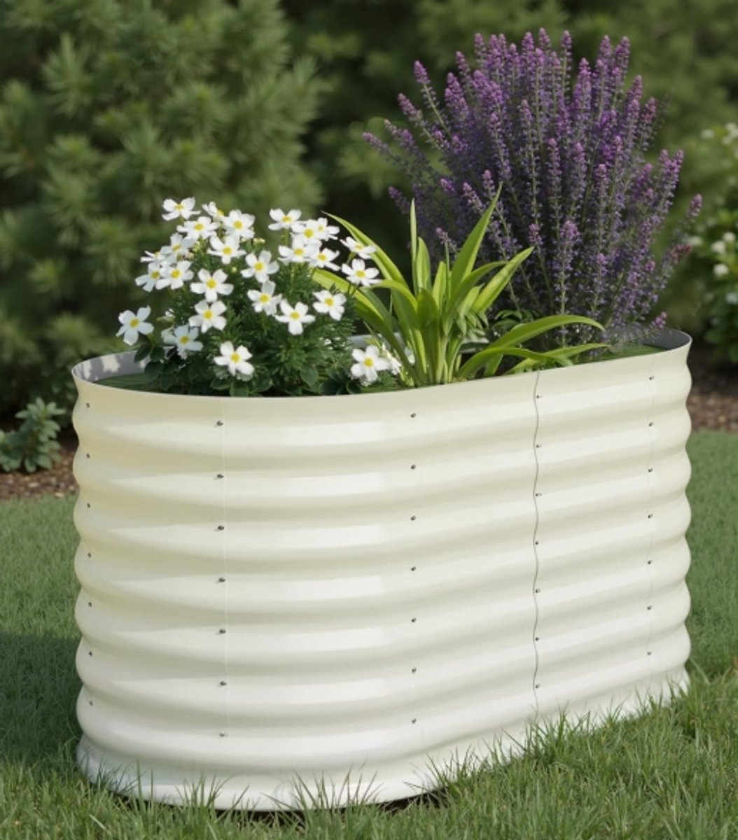 Verhoogde Moestuinbak van Gegalvaniseerd Staal - 120x60x60 cm - Extra Diepe Metalen Plantenbak voor Buiten - Open Bodem & Steunbalken - Ergonomische Kweekbak voor Groenten, Kruiden en Bloemen - beige