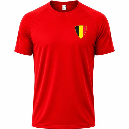 Rood voetbalshirt met Belgisch schildlogo op de linkerborst.