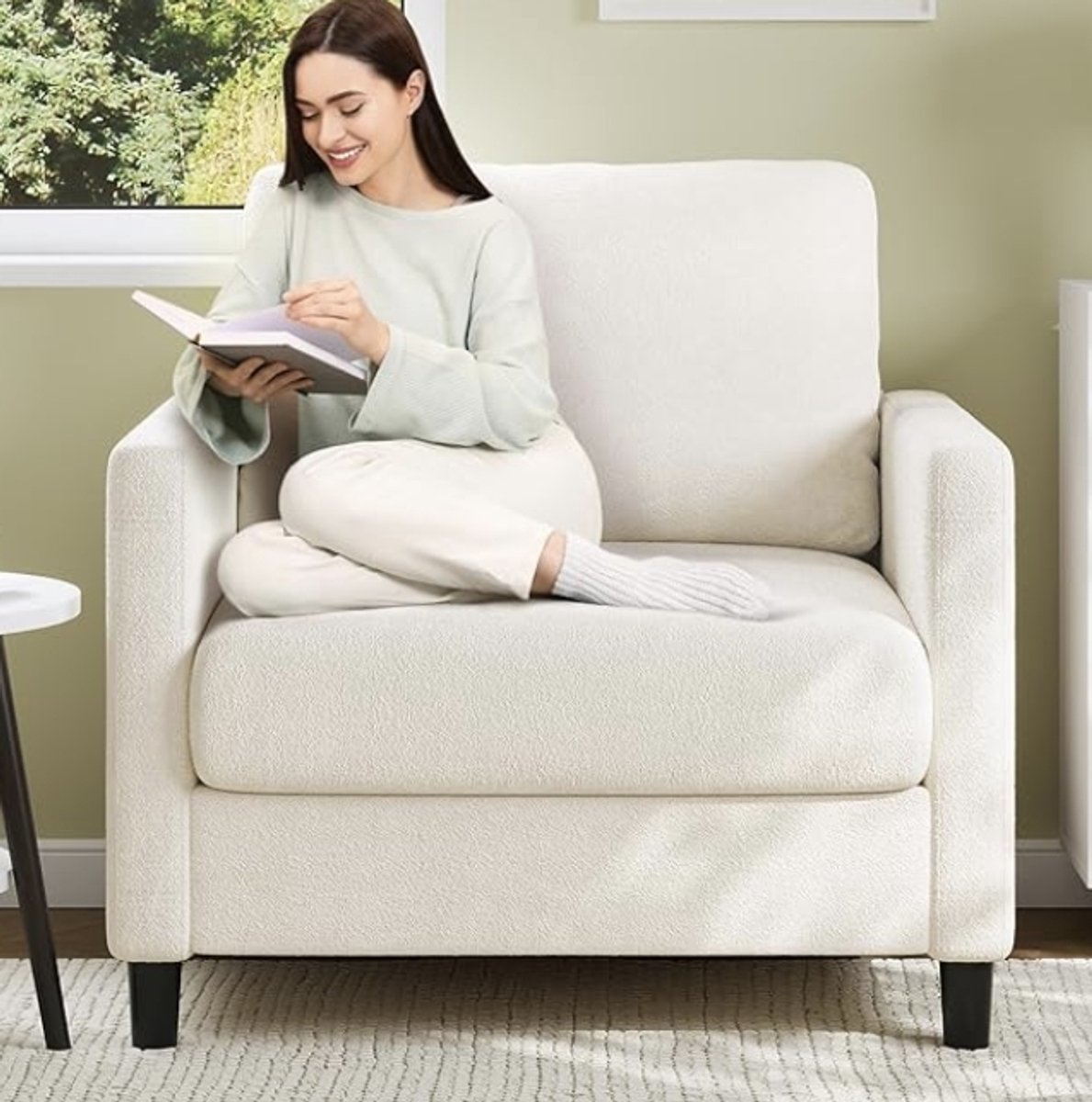 Fauteuil met Teddy Stof - Comfortabele Loungestoel - Wit - Pocketvering Zitting (19 cm) - Modern Design voor Woonkamer & Slaapkamer - Belastbaar tot 200 kg