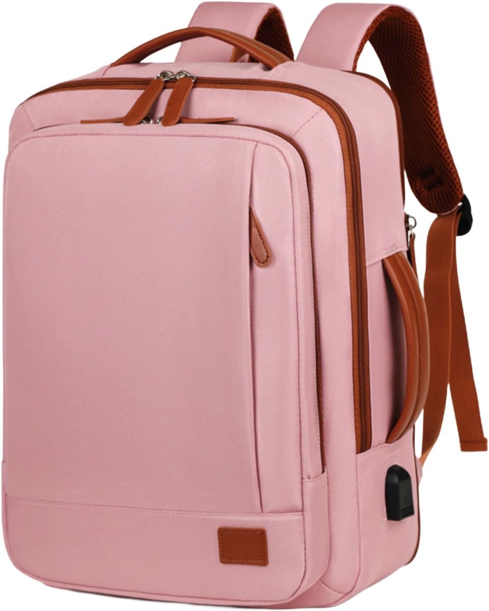 Unisex laptoprugzak voor op reis met grote capaciteit – Uitbreidbaar – Waterbestendig – Casual dagrugzak – Voorzien van USB-oplaadpoort en vak voor natte/droge spullen – Geschikt voor zaken en vrije tijd – Roze