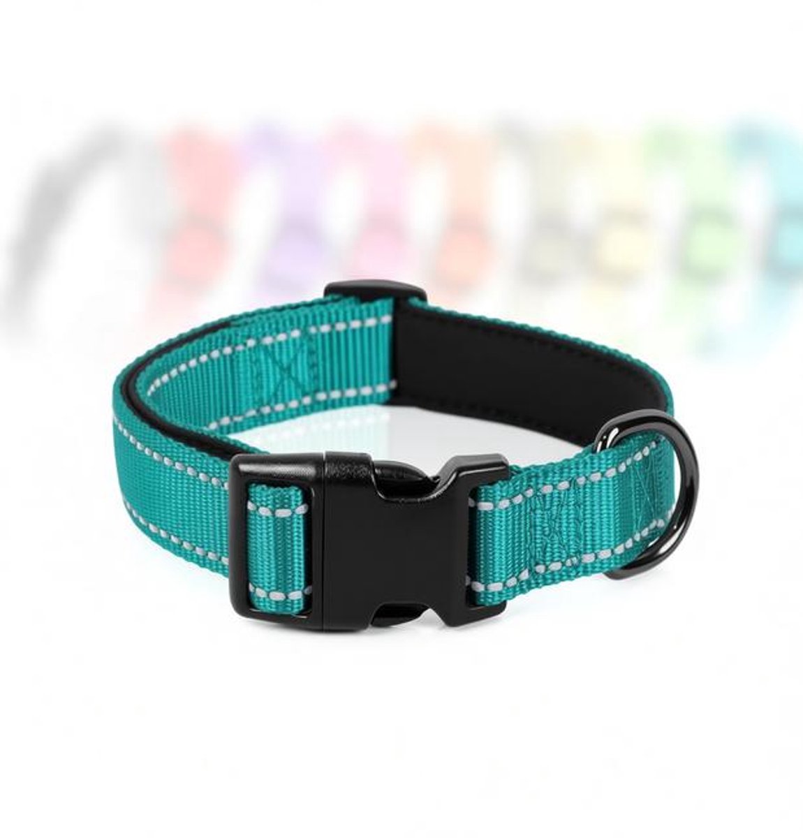 ElleMooi Hondenhalsband, Zacht Gevoerd Neopreen Nylon, Verstelbare Reflecterende Halsband voor Training, Turkoois, M
