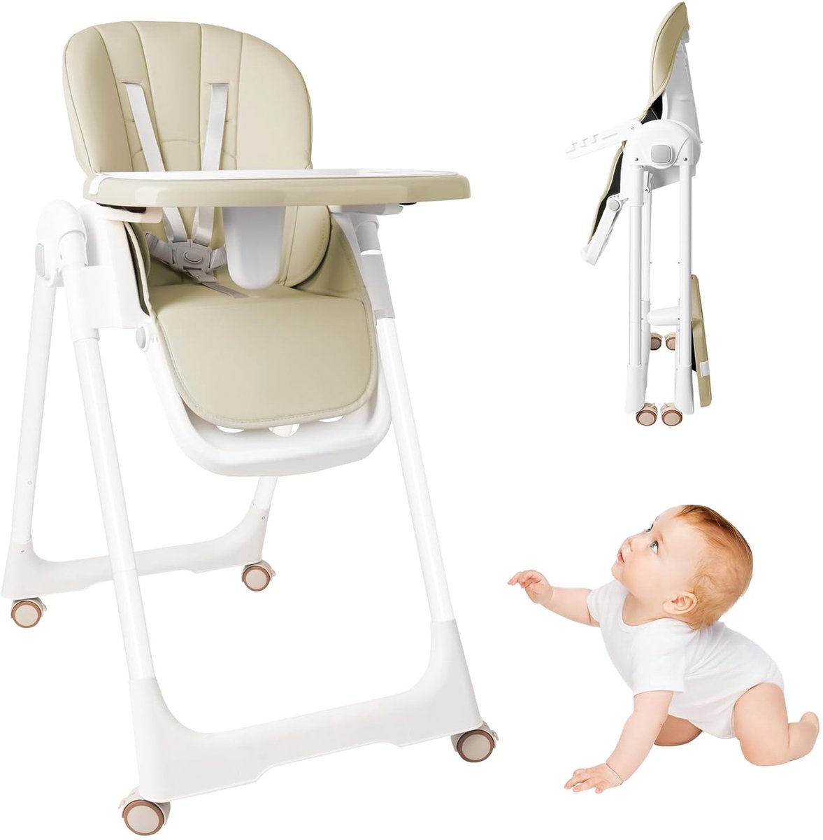 ACXIN Klapbare Kinderhoekstoel – Beige – Hoogteverstelbaar met Ligfunctie – Dubbel Tafelblad & 5-Puntsgordel – Draagbaar voor Thuis & Onderweg