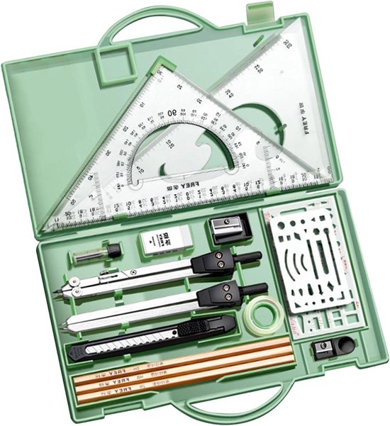 Trousse de dessin verte ouverte avec équerre, compas, crayons, règle et autres outils de dessin.
