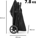 Ingeklapte zwarte Deryan buggy met afmetingen: 64.5cm hoog, 48.5cm diep, 29.5cm breed. Gewicht 7.8 kg.