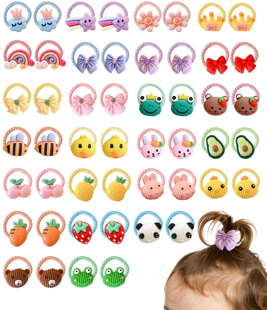 Dailygoods- Haarelastiekjes 50 stuks - Elastische Kinderhaarelastiekjes - Schattige Patronen - Dieren/Vruchten/Bloemen - Ideaal voor Dun Haar - Diameter 2 cm - Haarbanden
