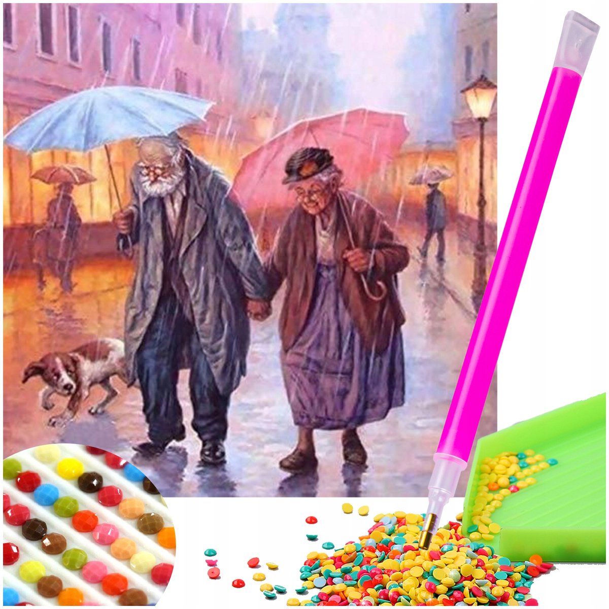 Diamant Schilderen Kit 5D - "Wandeling in de Regen" 30x30cm