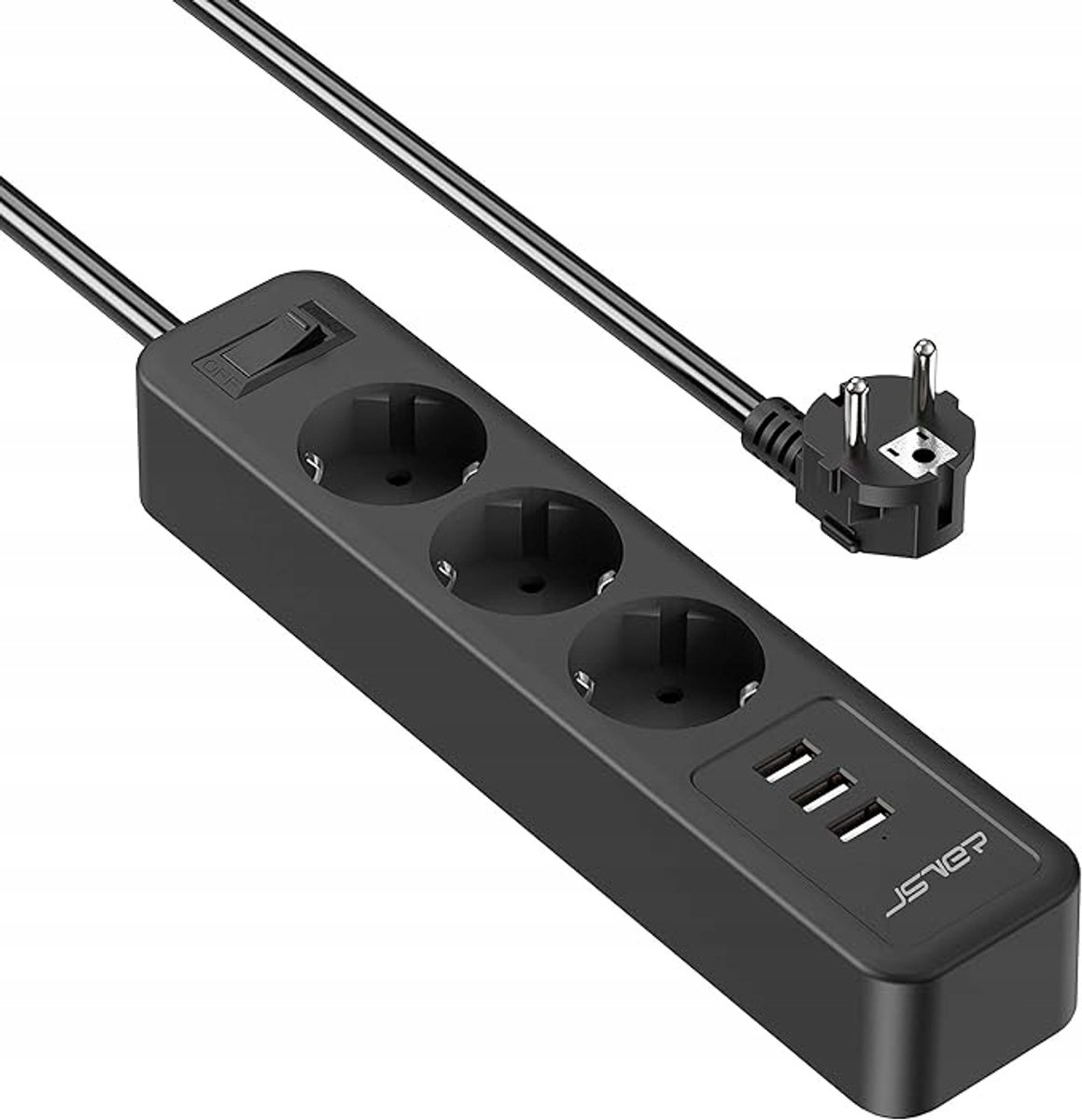 Zwarte powerbox met 3 AC + 3 USB, 3680W, 2m, wandmontage