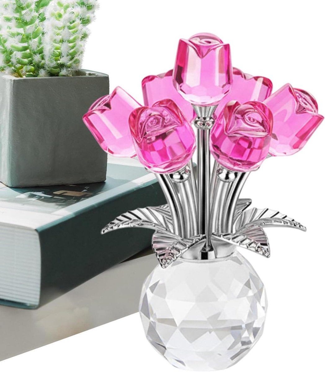 Glazen Roos - Kristal Bloemen - Woondecoratie - Symbool Liefde - 9x9x9 cm - Roze