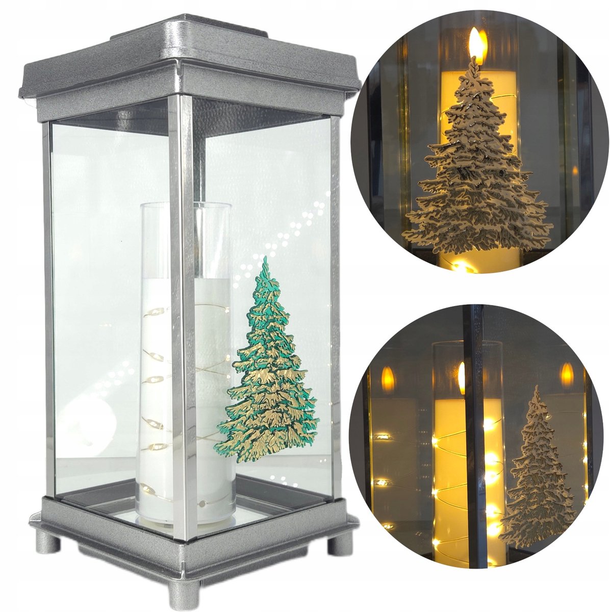 Grote Zilveren Kerst Znicz Kapliczka 32cm met Groene Kerstboom