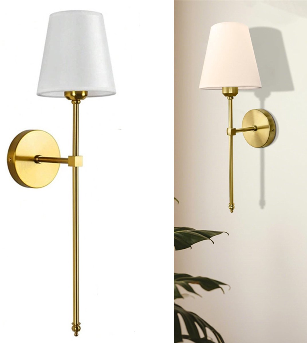 Wandlampen, retro industriële wandlamp, badkamerwandverlichting met witte stoffen kap, voor E27-fittingen, geschikt voor slaapkamer, woonkamer, gang en keuken, Goud (lichtbron niet inbegrepen)