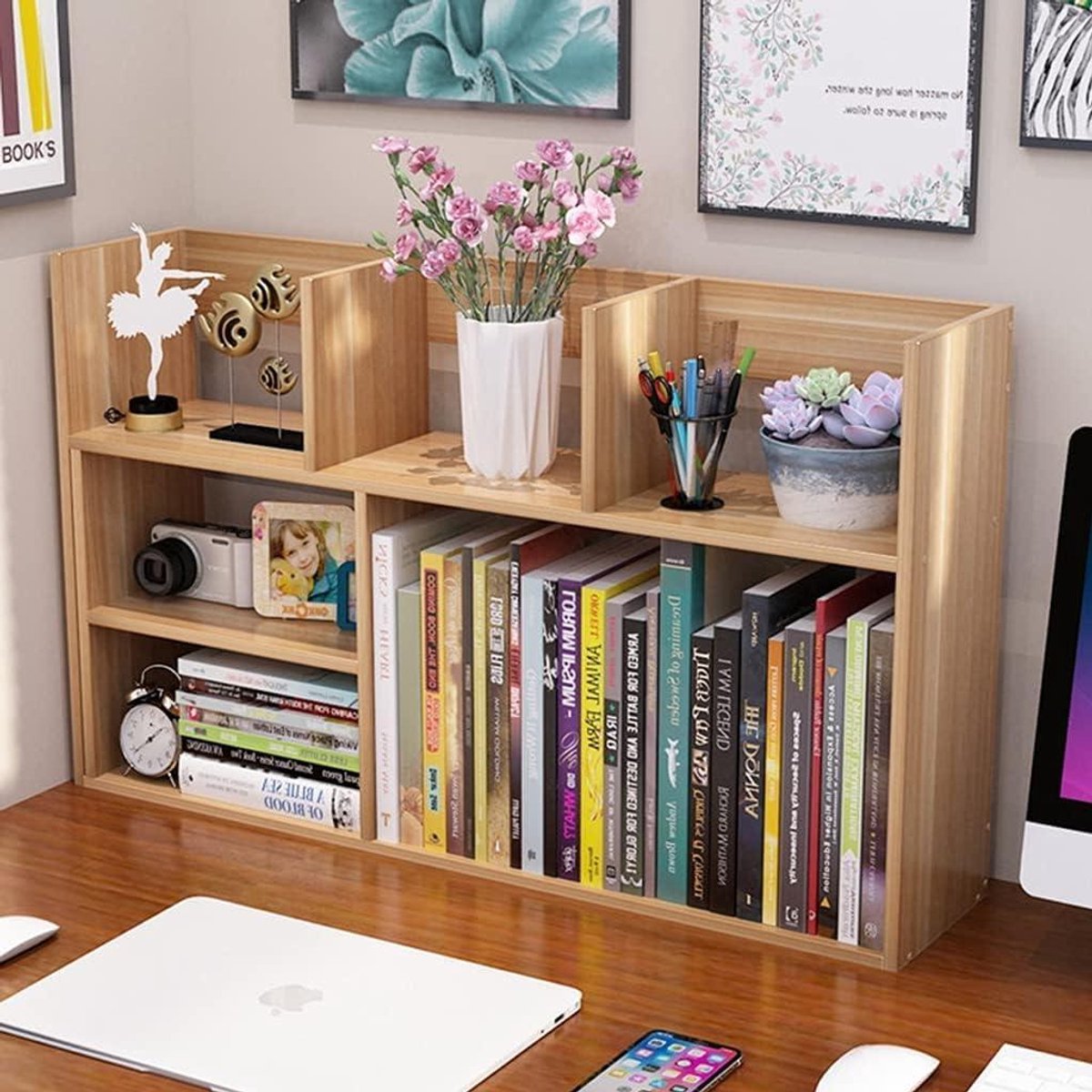 Bureau Organizer - Opbergrek Hout - Thuis Kantoor - Gelaagde Plank - Tafelblad Montage - Veelkleurig