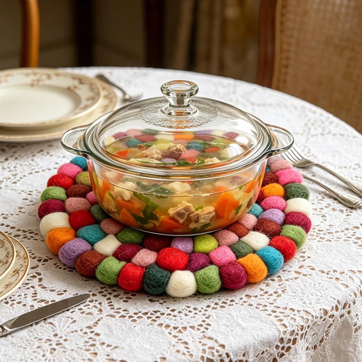 Set van 2 Vilten Onderzetters 20 cm - Kleurrijke Ronde Onderzetters van Wol - Tafelbeschermer voor Kopjes Potten en Handvaten — cadeau in Wonen & Interieur - foto 3