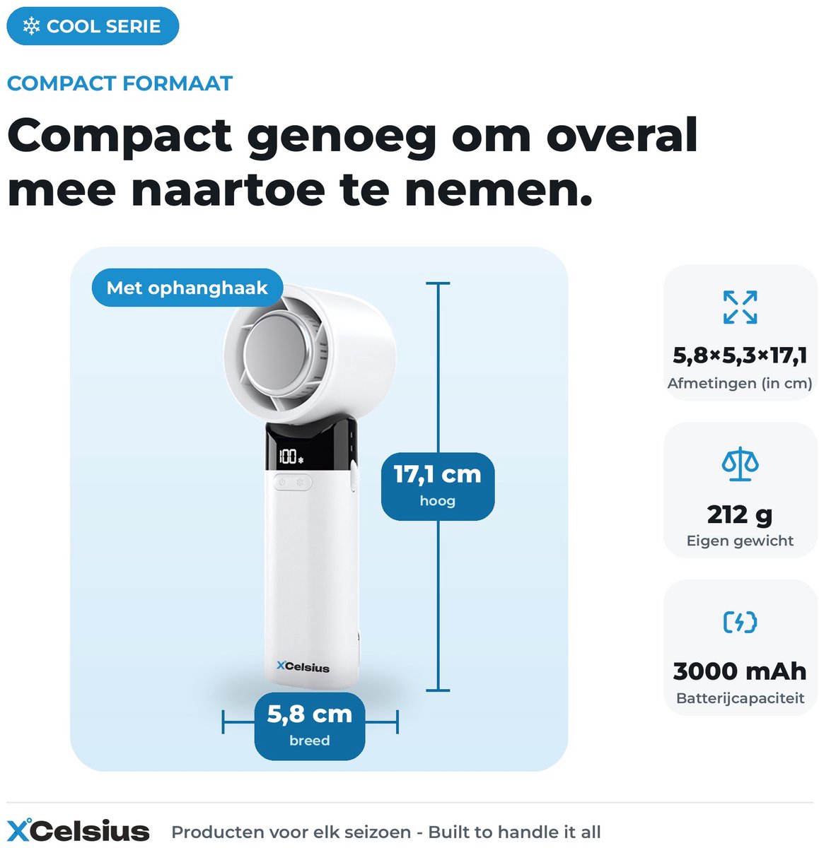 XCelsius® Handventilator - Draagbare Mini Ventilator Opvouwbaar - Oplaadbaar met USB-C - 0% tot 100% traploos instelbaar - Met Instant Koelplaat - Wit — afbeelding 2