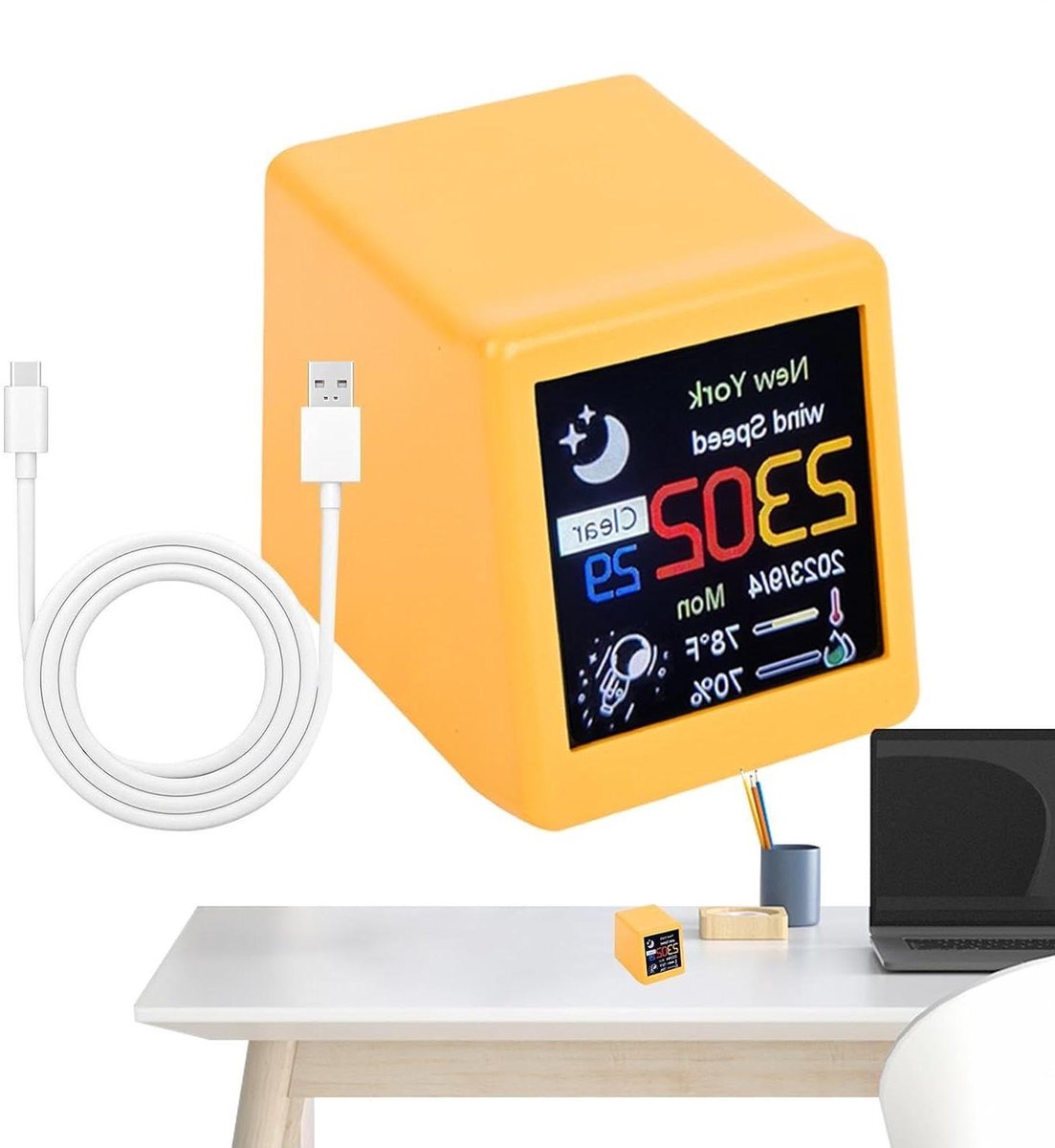 Digitale Weerklok - Weerstation Desktop - Inzicht Klimaat - Wifi Weersupdates - 6 x 6 x 4 cm - Geel
