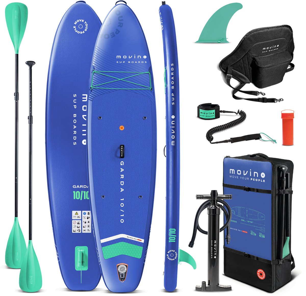 Movino Garda - Sup Board - 10’10” (330cm) - Opblaasbaar - Max. 160 kg - Rugzak - Dubbele pomp - Leash, Vin - 2-in-1 peddel - Kajakstoel - Reparatieset