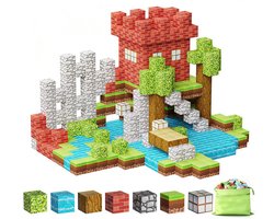 Magnetische bouwblokken speelgoed – Minecraft bouwblokken – Sensorische magnetische bouwblokkenset – Minecraft-geïnspireerde magnetische speelgoedset met bosdierenthema – Junglethema – 100 bouwblokken – 3 willekeurige minifiguren – Opbergtas